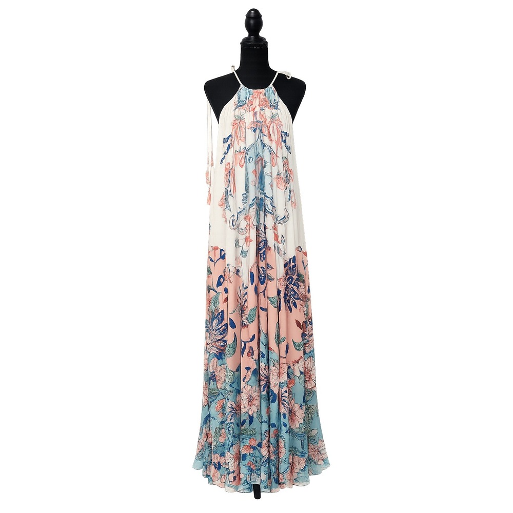 Farm Rio Delhi Boho Floral Halter Maxi Dress Large Flowy NWT Tropical Resortwear - Picture 2 of 6